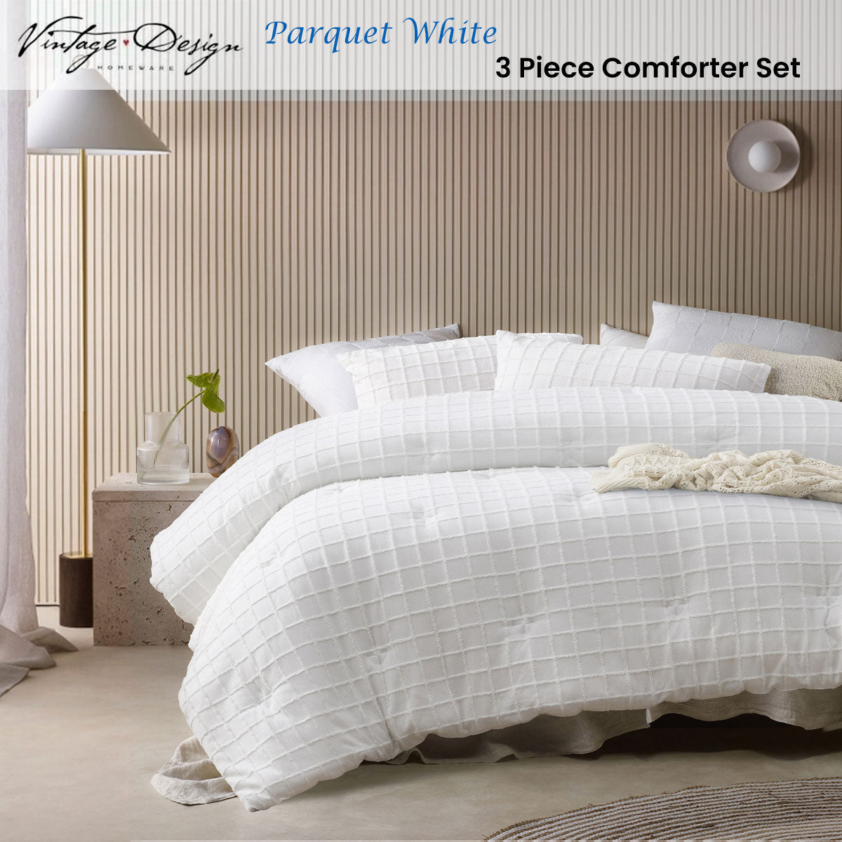 Vintage Design Homewares 3 Pcs Parquet White Comforter Set King