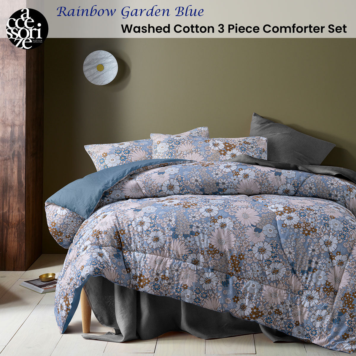 Accessorize 3 Pcs Rainbow Garden Blue Washed Cotton Comforter Set King