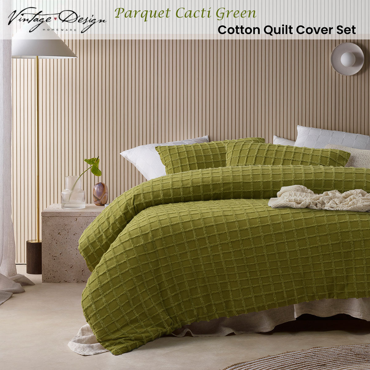 Vintage Design Homewares Parquet Cacti Green Cotton Quilt Cover Set Single