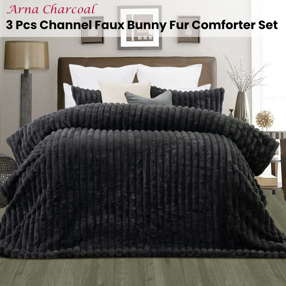 Jane Barrington Arna Charcoal 3 Pcs Channel Faux Bunny Fur Comforter Set Queen