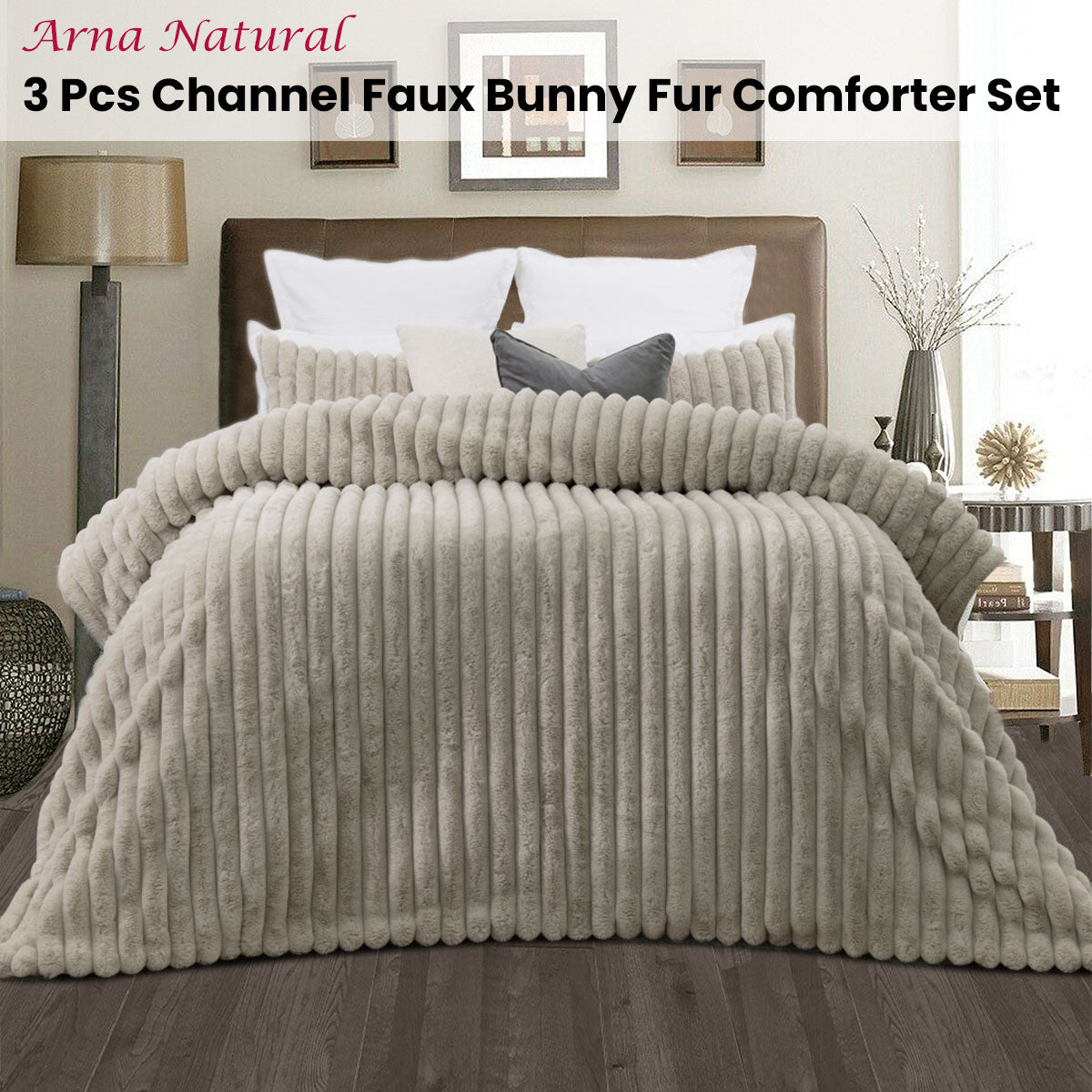 Jane Barrington Arna Natural 3 Pcs Channel Faux Bunny Fur Comforter Set King