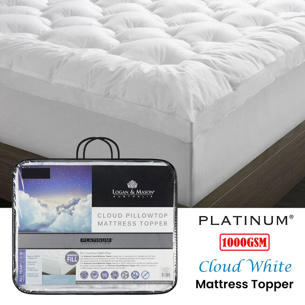 Platinum Collection 1000GSM Cloud White Mattress Topper King