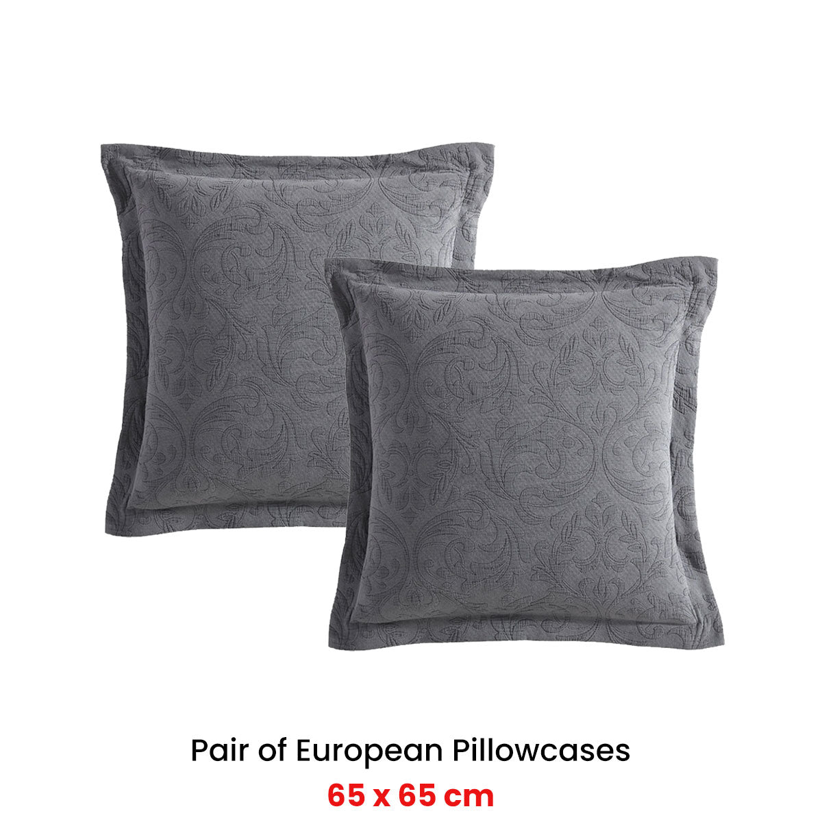 Private Collection Pair of Marbella Dark Grey 100% Cotton Matelasse European Pillowcases 65 x 65cm