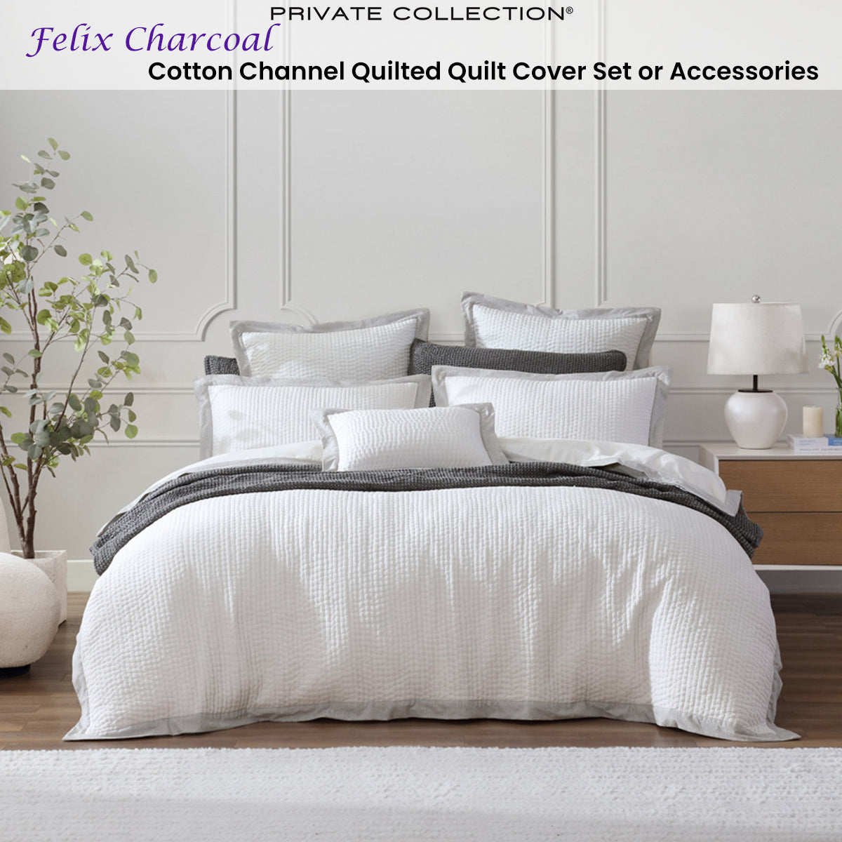 Private Collection Felix Charcoal Quilt Cover Set Cotton Channel Quilted Super King