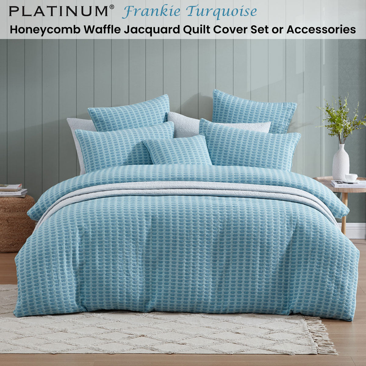 Platinum Collection Frankie Turquoise Honeycomb Waffle Jacquard Quilt Cover Set King