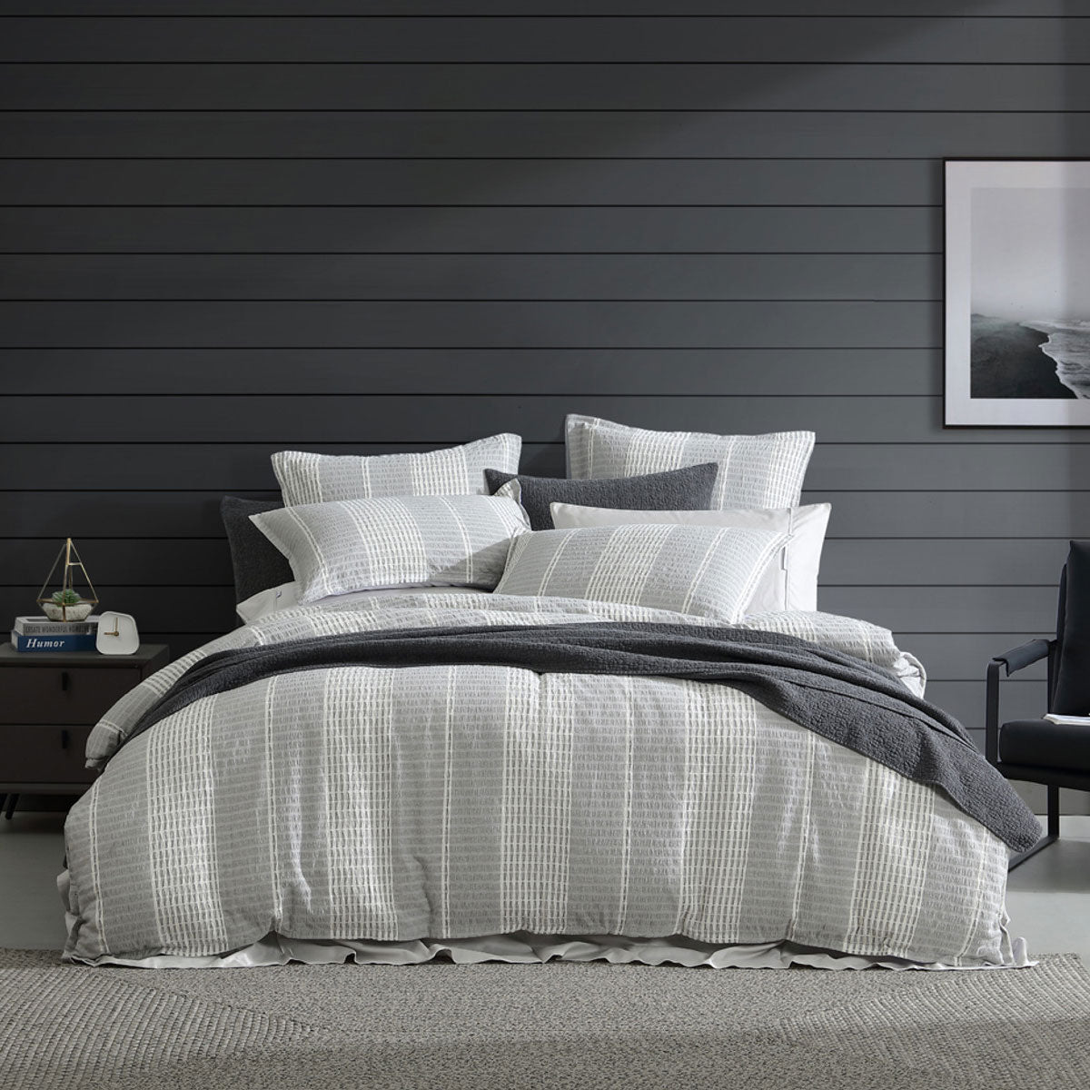 Platinum Collection Hurley Charcoal Cotton Jacquard Stripe Quilt Cover Set Super King