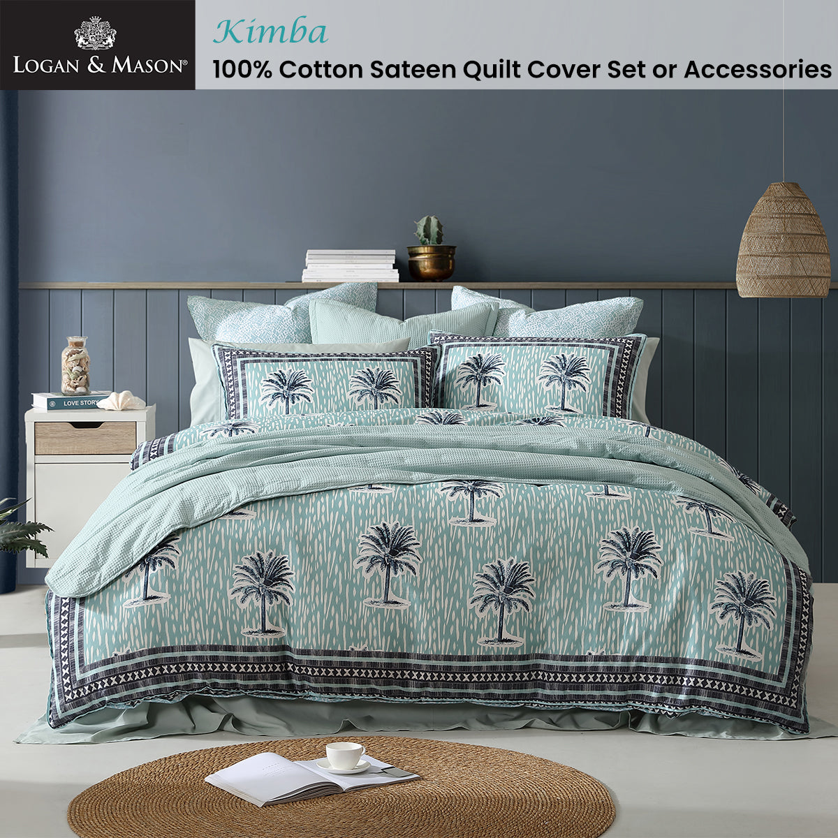 Logan and Mason 250TC Kimba Teal Cotton Sateen Quilt Cover Set Super King