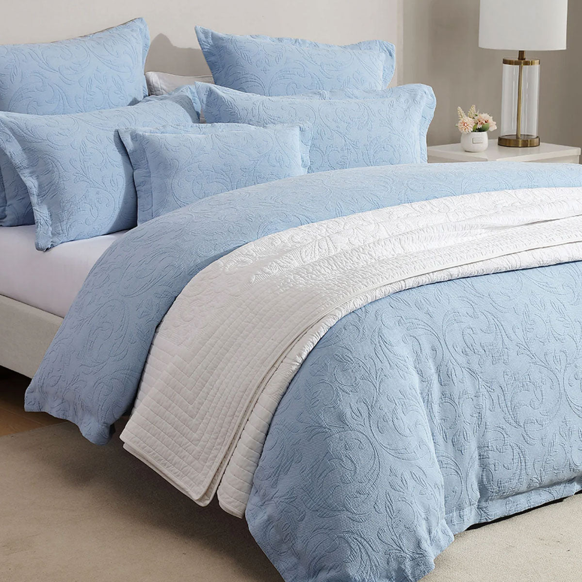 Private Collection Marbella Blue 100% Cotton Matelasse Quilt Cover Set King