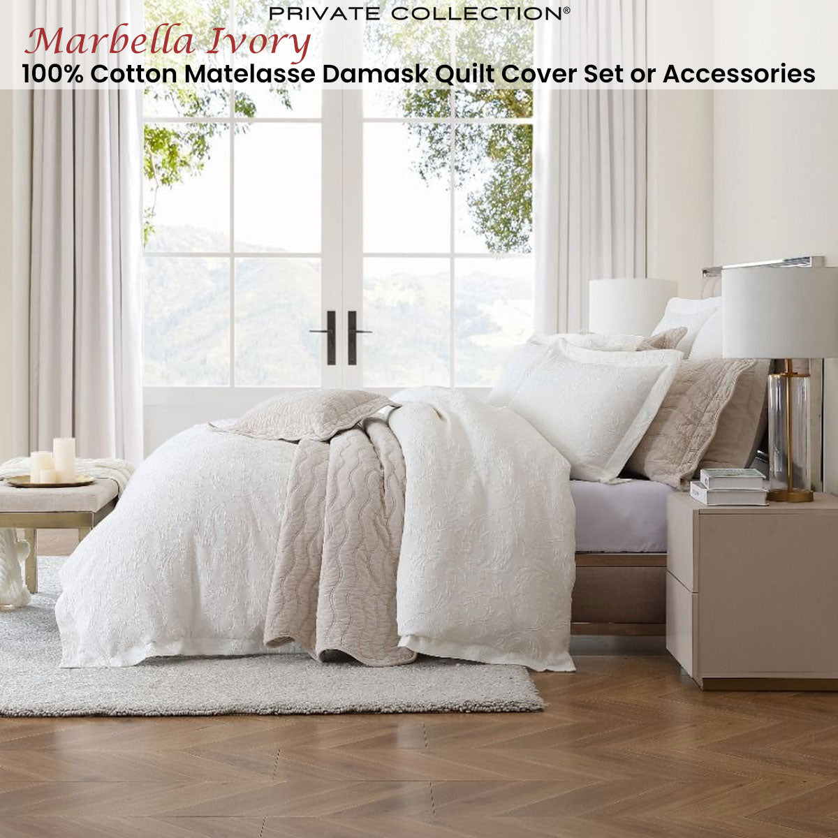 Private Collection Marbella Ivory 100% Cotton Matelasse Quilt Cover Set Queen