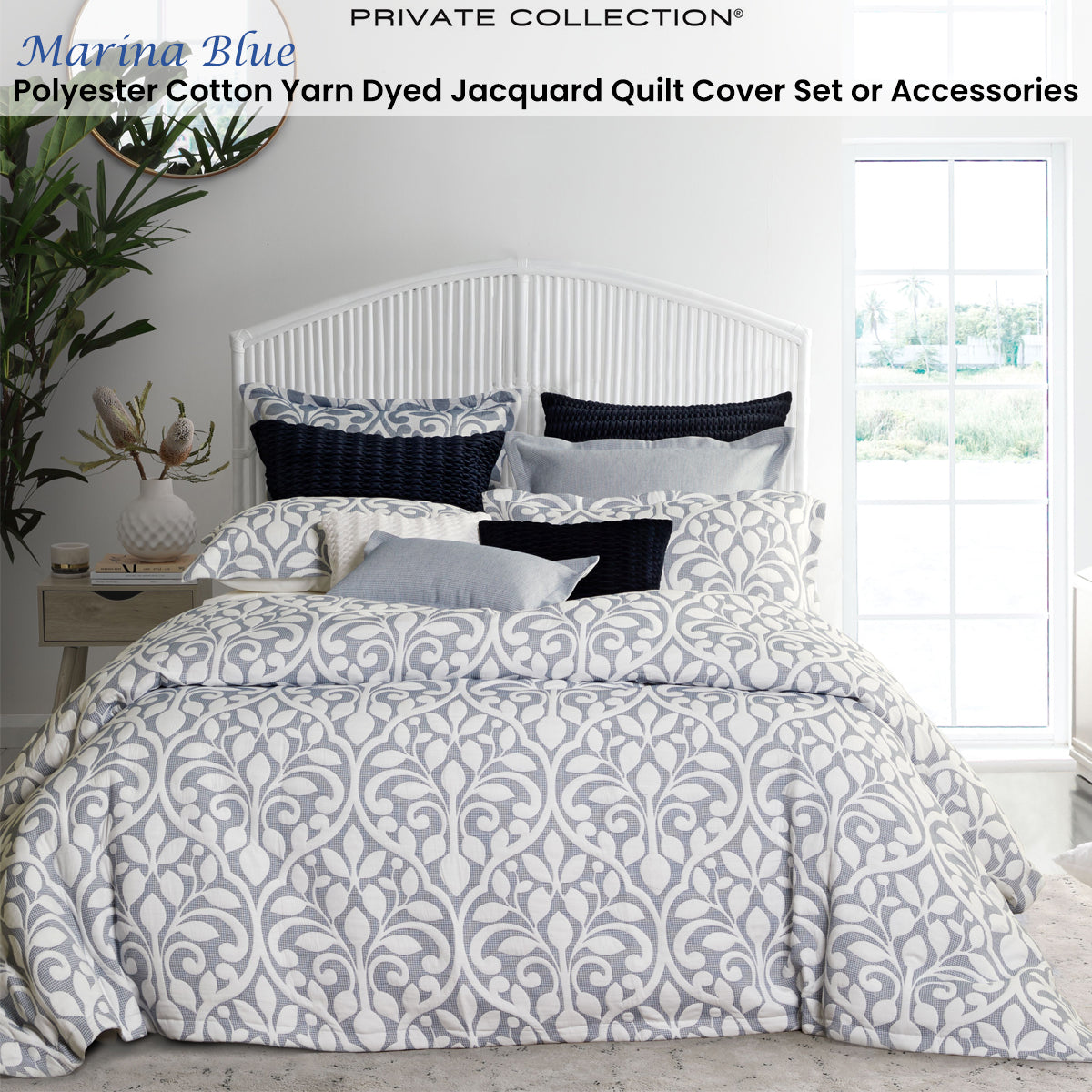 Private Collection Marina Blue Quilt Cover Set Polyester Cotton Yarn Dyed Jacquard Super King