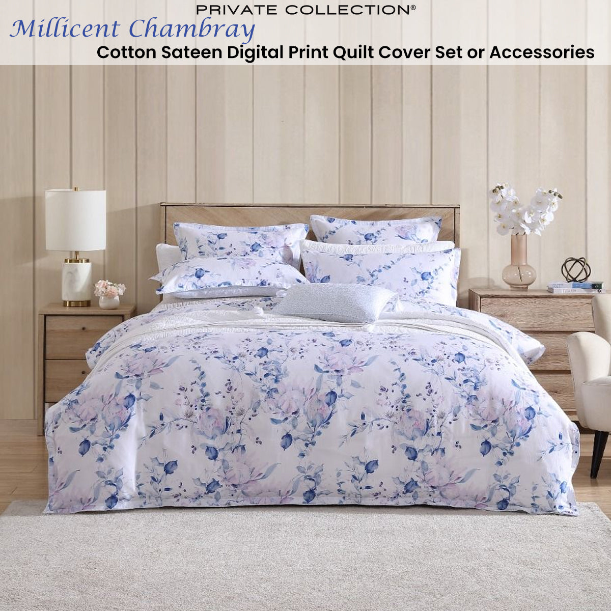 Private Collection Millicent Chambray Quilt Cover Set Cotton Sateen Digital Print King