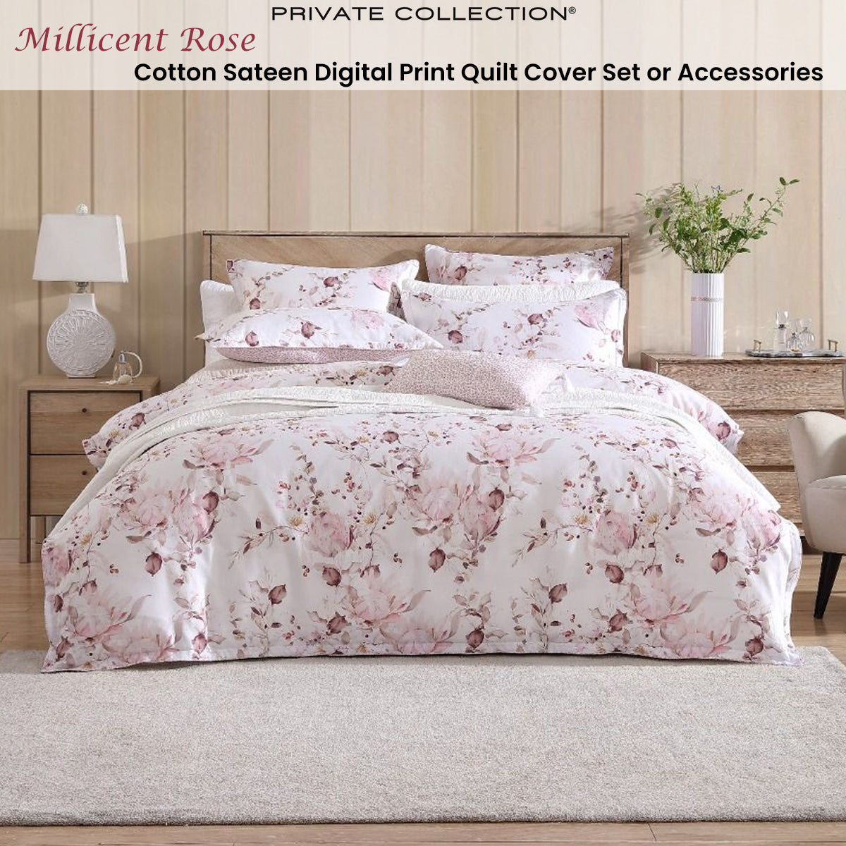 Private Collection Millicent Rose Quilt Cover Set Cotton Sateen Digital Print Queen