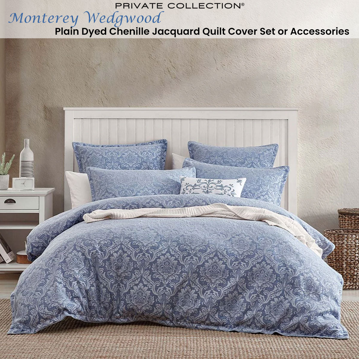 Private Collection Monterey Wedgwood Plain Dyed Chenille Jacquard Quilt Cover Set Queen