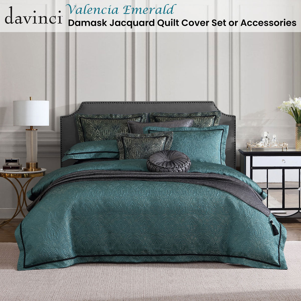 Davinci Valencia Emerald Damask Jacquard Quilt Cover Set King