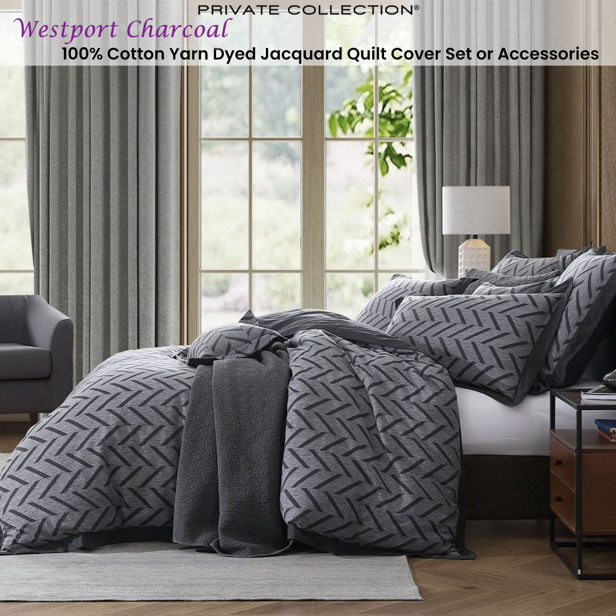 Private Collection Westport Charcoal Jacquard Quilt Cover Set King