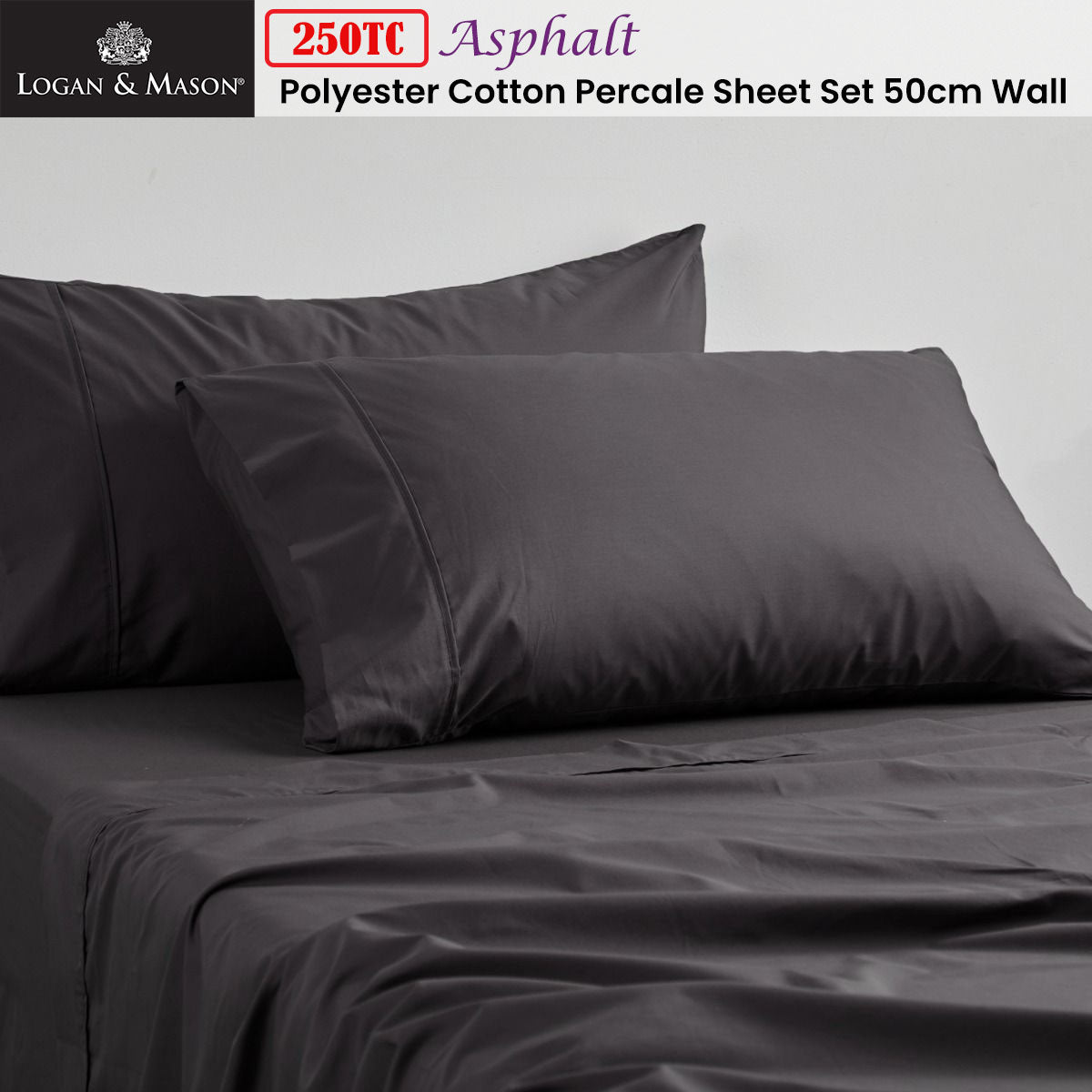 Logan and Mason 250TC 50% Polyester 50% Cotton Percale Sheet Set Asphalt 50cm Wall Split King