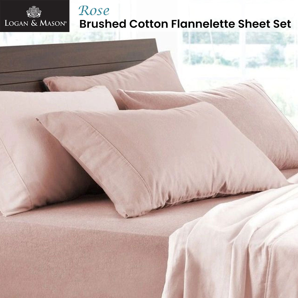 Logan and Mason Soft Brushed Cotton Flannelette Sheet Set Rose 40cm Wall King