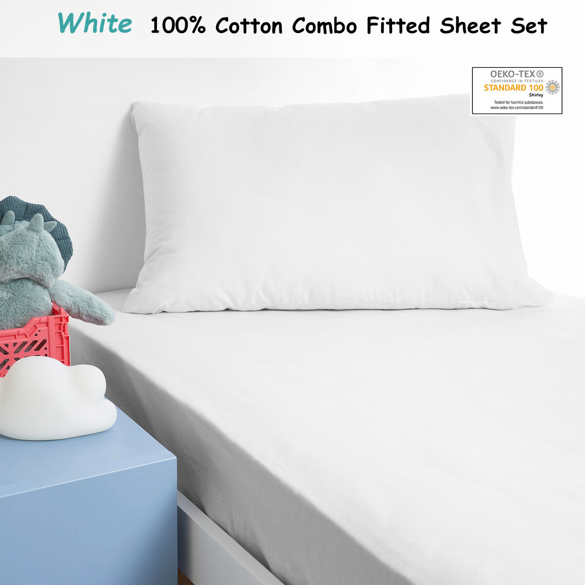 Minikins Junior Cotton Combo Fitted Sheet Set White Single