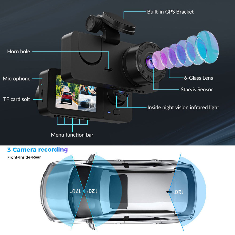 3 Channel Car DVR HD 1080P Vehicle Dash Cam Three Way Camera DVRs Recorder with 32 GB Card