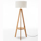 Natural Wooden Tripod Floor Lamp w/ Round Wood Shelf + Off White Linen Shade