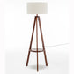 Natural Wooden Tripod Floor Lamp w/ Round Shelf + Off White Linen Shade - Cherry