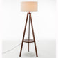 Natural Wooden Tripod Floor Lamp w/ Round Shelf + Off White Linen Shade - Cherry