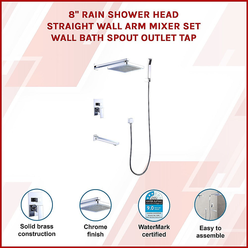 8" Rain Shower Head Straight Wall Arm Mixer Set Wall Bath Spout Outlet Tap