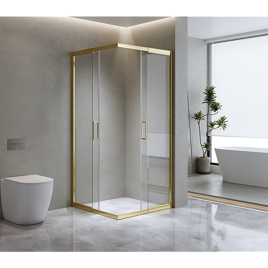 Adjustable 900x900mm Double Sliding Door Glass Shower Screen in Gold