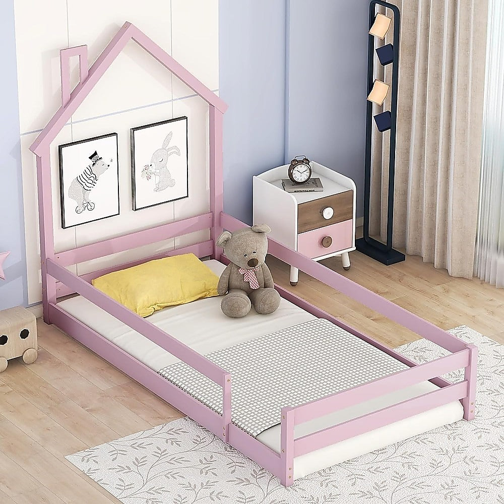 Pine Wood Floor Bed House Frame for Kids and Toddlers