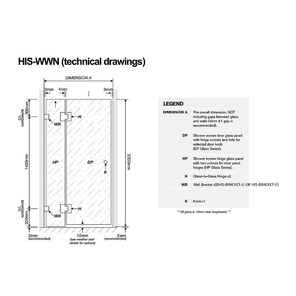 100cm Wall to Wall Frameless Shower Screen with Gold Brackets and SS Hinges, Square Double Pull Handle