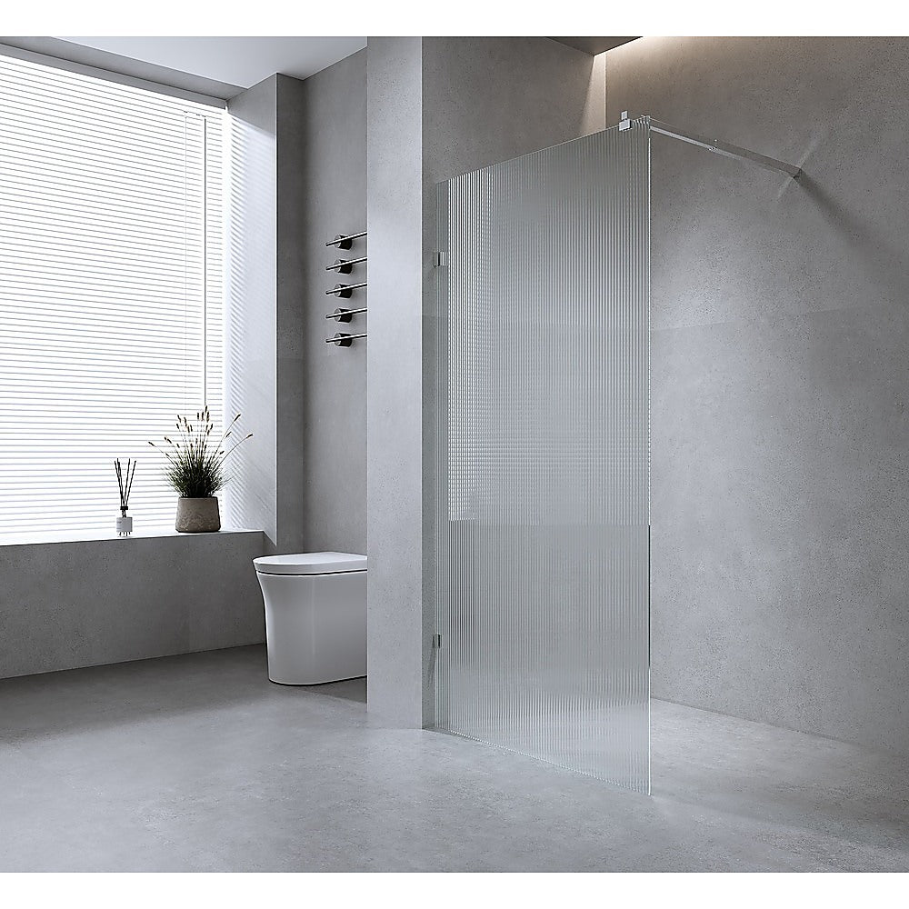 100cm Reeded Single Shower Glass Screen with Black Wall U-Brackets