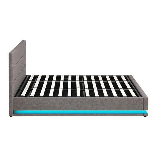 Oikiture Bed Frame King Bed Frame LED Mattress Base with Gas Lift and Storage Space Grey