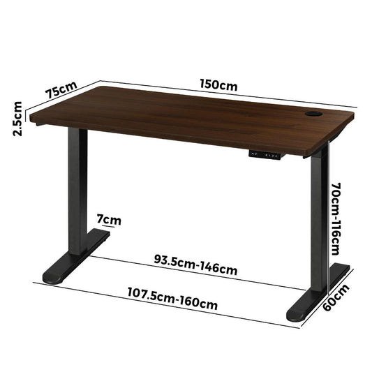 Oikiture Standing Desk Electric Height Adjustable Motorised Sit Stand Desk 150cm Black and Walnut