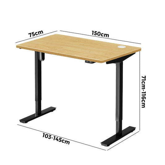 Oikiture Electric Standing Desk Single Motor Height Adjustable Sit Stand Table Black and Oak 150cm