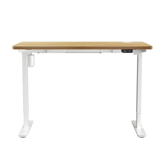 Oikiture Electric Standing Desk Single Motor Height Adjustable Sit Stand Table White and Oak 140cm