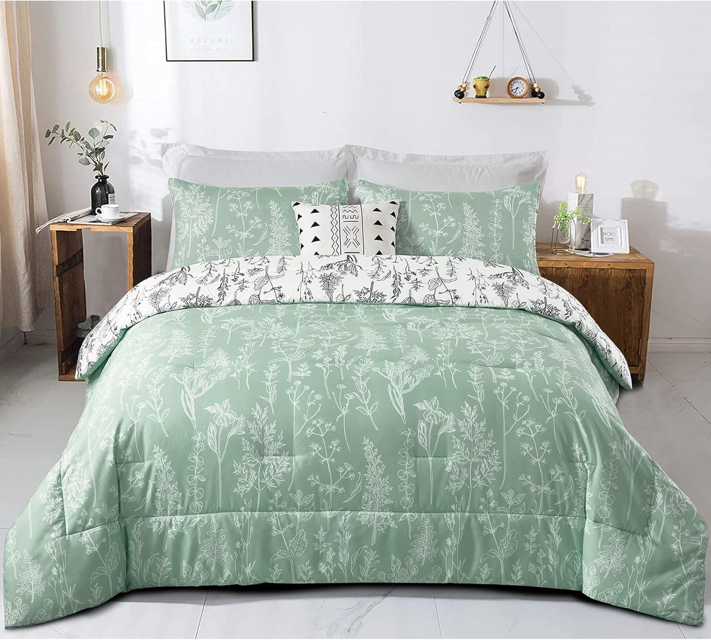 Floral Comforter Set, Queen/King Size, Green White Floral Pattern Reversible Bedding