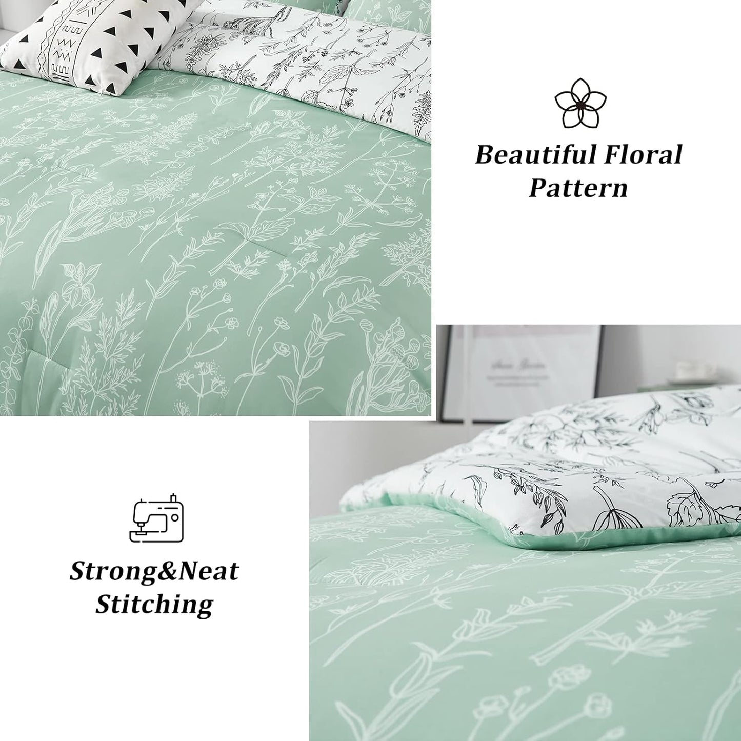 Floral Comforter Set, Queen/King Size, Green White Floral Pattern Reversible Bedding