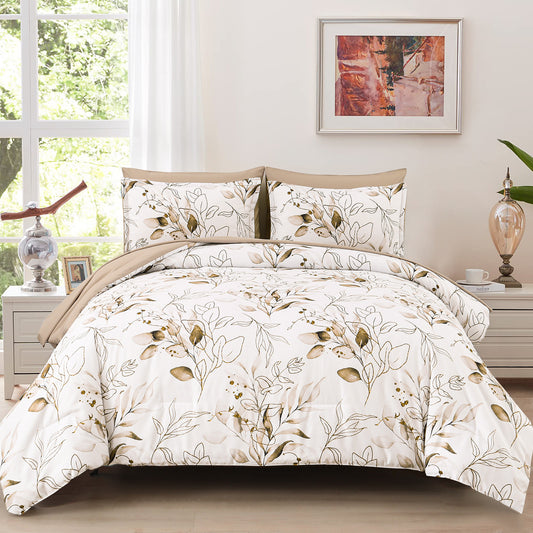 Soft Floral Leaf Comforter Set, Queen/King Size, Plush Quilted Bedding with Pillowcases