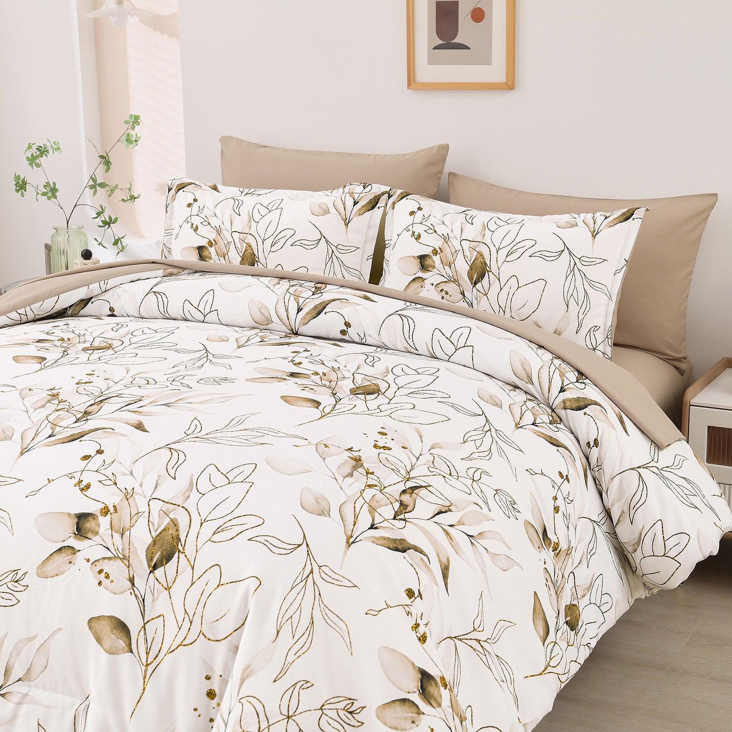 Soft Floral Leaf Comforter Set, Queen/King Size, Plush Quilted Bedding with Pillowcases