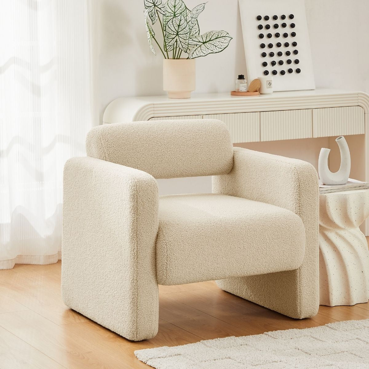 Lilah Modern Boucle Fabric Armchair - Light Sand