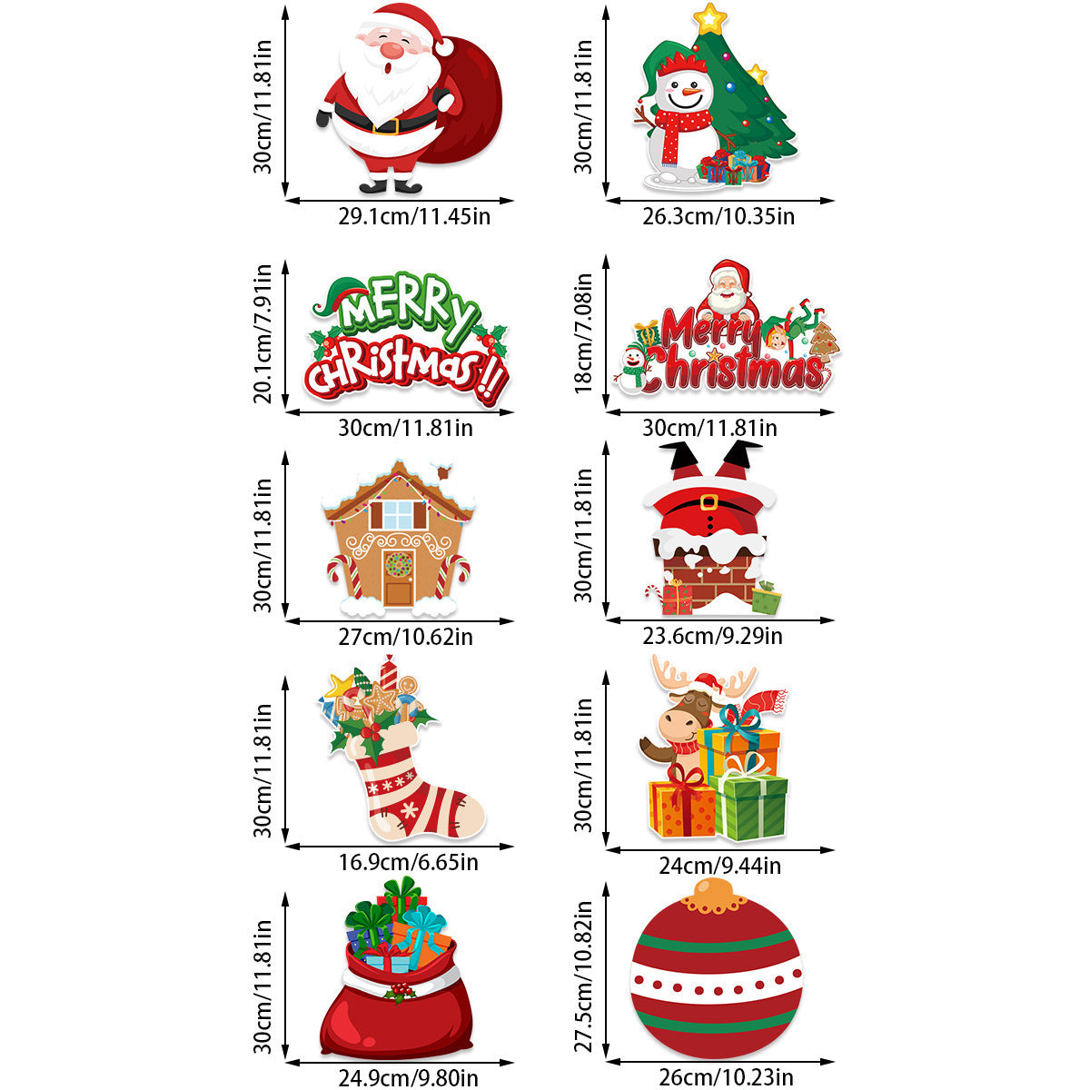 Set of 10 Christmas Hanging Door Decorations - Santa, Snowman, Stocking, and Gingerbread Ornaments  (3 set,  30 pieces)