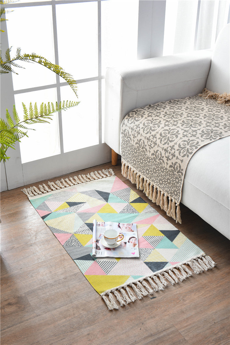 Bohemian Cotton Area Rug with Tassels - Geometric Pattern, Decorative Floor Mat 60*90cm