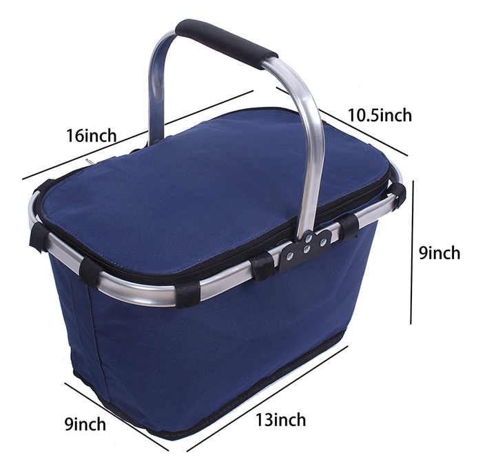 Dark Blue Portable Picnic Basket - Foldable Insulated Outdoor Shopping Basket, Meal Delivery & Takeout Carrier