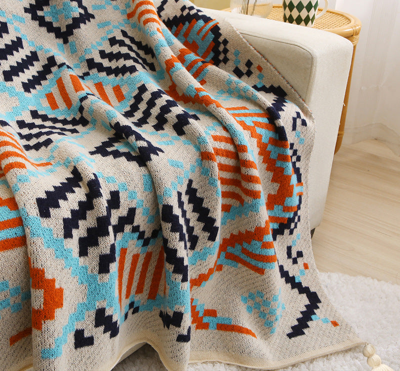 110x130cm Bohemian Woven Throw Blanket - Soft Decorative Sofa Cover with Tassels for Living Room and Bedroom