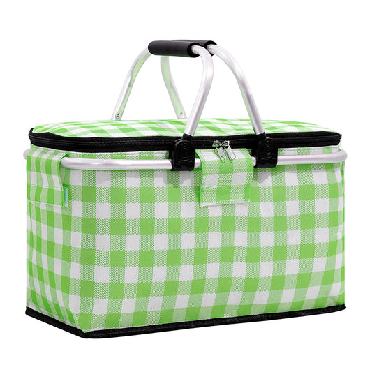 Insulated Picnic Basket with Aluminum Frame - Portable Collapsible Cooler Bag 18L 40*20*23cm(Green plaid)