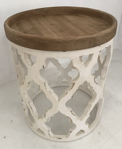 Lattice Round Shabby Chic Side Table Distressed White