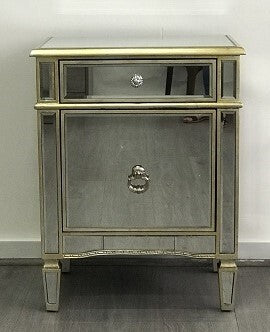 Mirrored Bedside Cabinet Antique 1 Door 1 Drawer