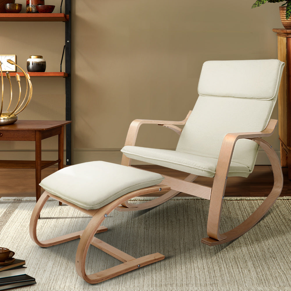 Artiss Rocking Armchair Bentwood Frame With Foot Stool Beige