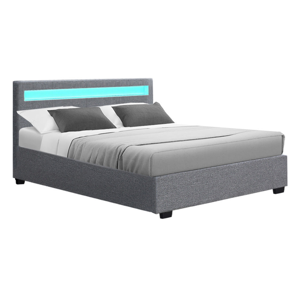 Artiss Bed Frame Double Size LED Gas Lift Grey COLE