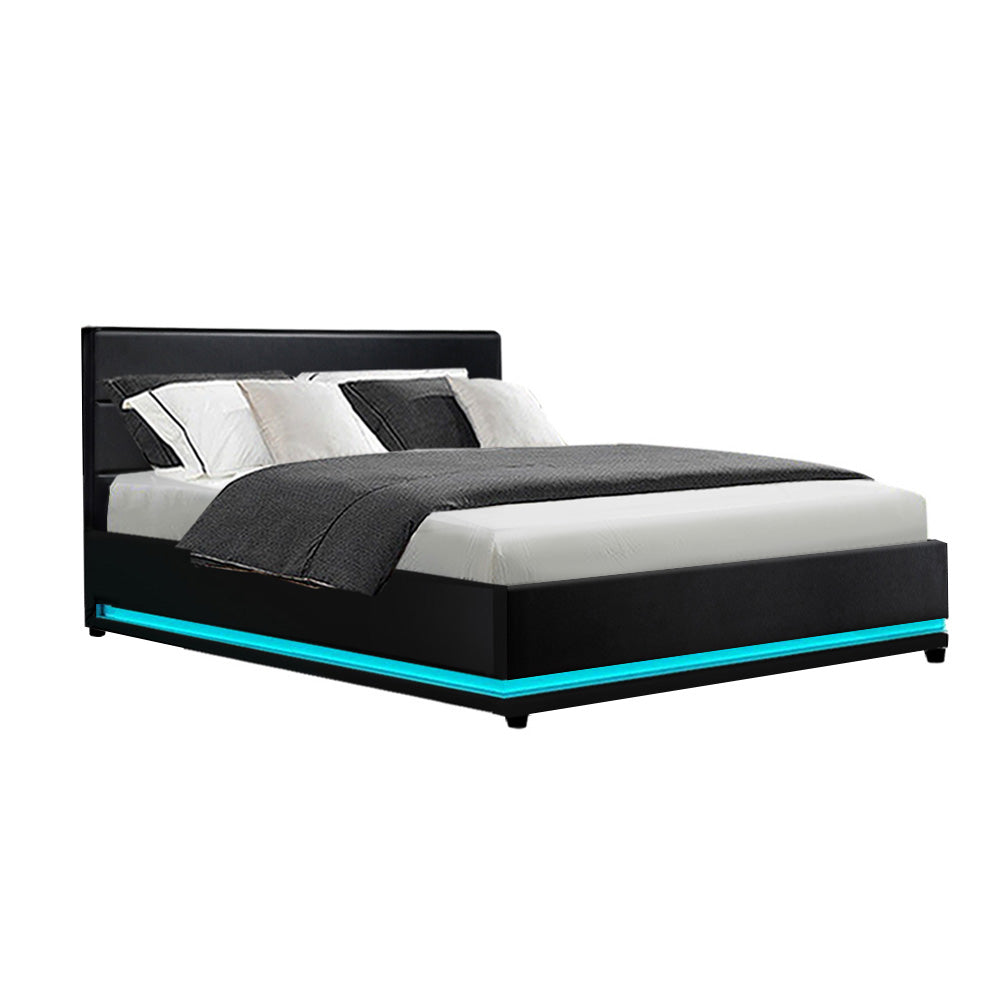 Artiss Bed Frame Double Size LED Gas Lift Black LUMI